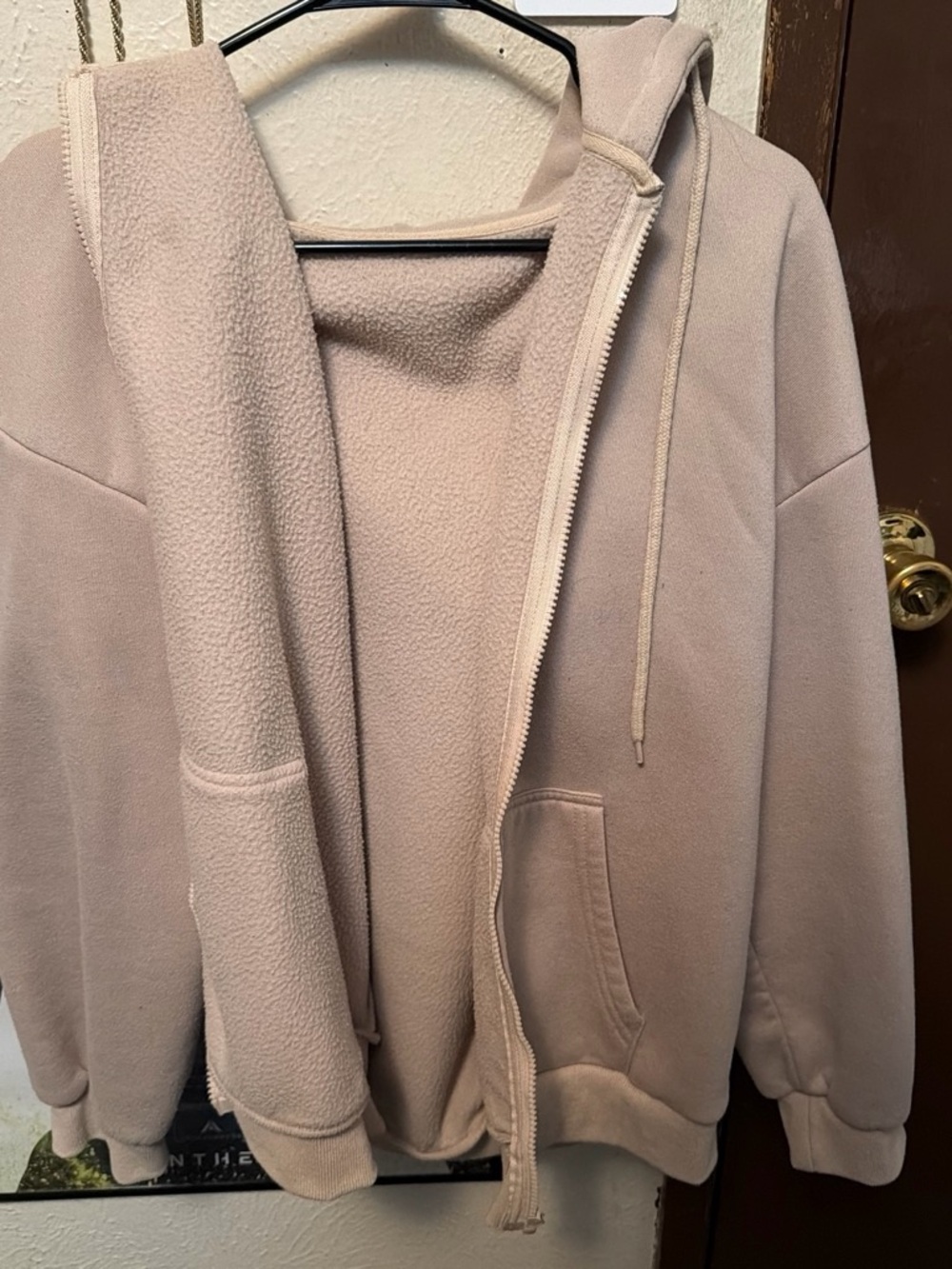 SHEIN Plush Zip-Up Hooded Jacket in Light Beige